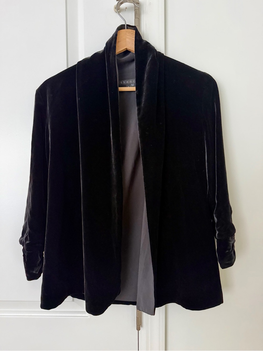 Theory Black Velvet Open-Front Blazer with Gray Trim Women’s Petite P